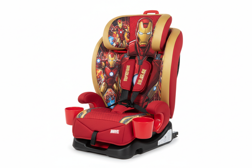KidsEmbrace Iron Man 2-in-1 Combination Harness Booster Car Seat shown from front 3/4 angle in harness mode on white background, displaying 5-point harness chest clip, adjustable headrest with side-impact wings, and full Iron Man red-and-gold character graphics on the seat shell