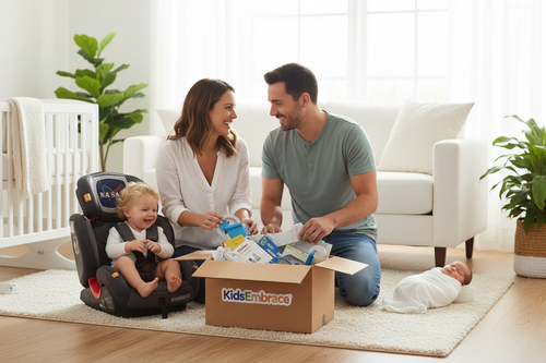 Two parents in a bright family living room examining the unboxed KidsEmbrace Family Safety Bundle components, with a newborn in a bassinet nearby and a toddler sitting in the NASA Astronaut booster seat, branded gift box open on the floor