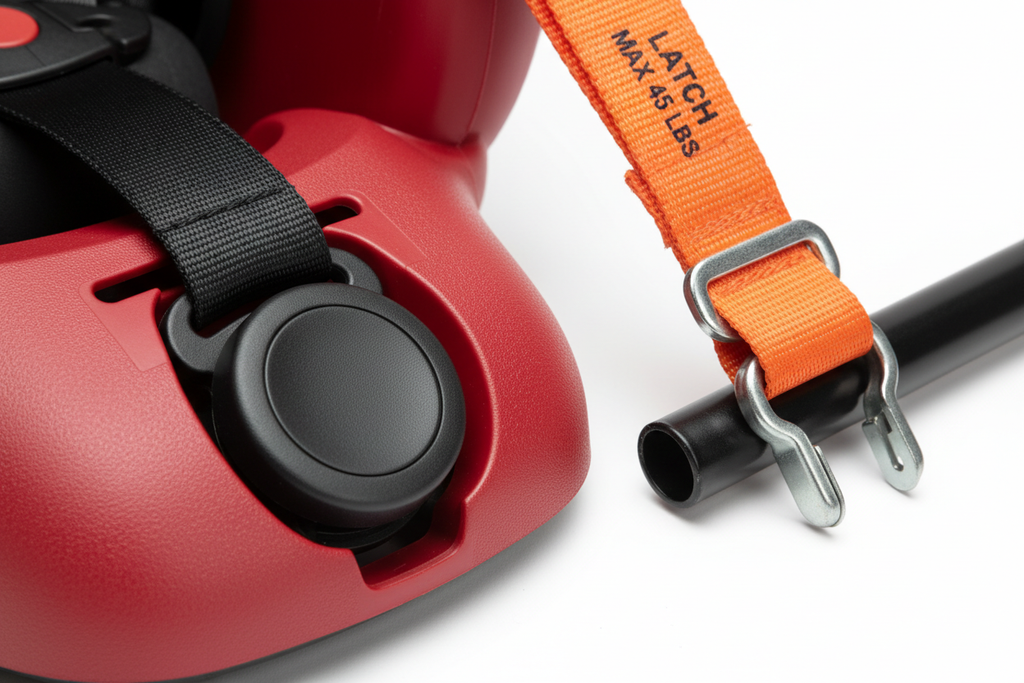 Close-up macro detail of the one-hand harness adjuster mechanism and bright orange LATCH lower anchor strap with hook-style connector seated in vehicle anchor bar, with LATCH MAX 45 LBS label visible on the orange webbing