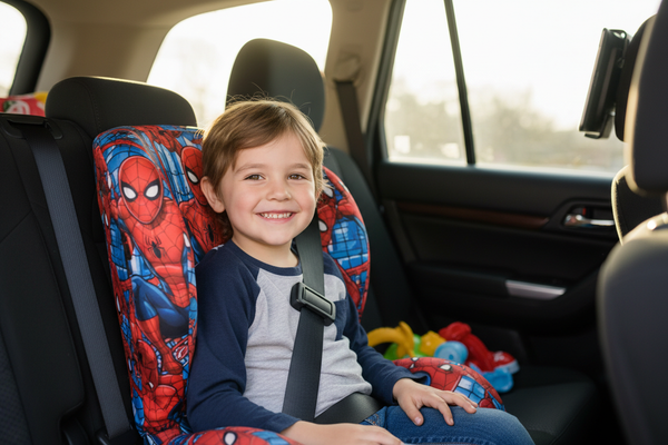Smiling 6-year-old child buckled into the KidsEmbrace Spider-Man booster seat inside a family SUV rear seat, with vehicle shoulder belt correctly positioned by the clip across the chest