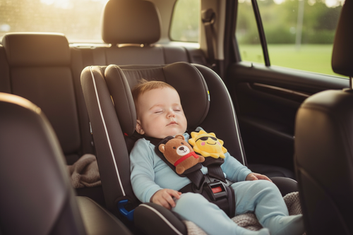 Sleeping infant securely strapped in a rear-facing car seat inside a parked SUV, with BuckleBuddeez clips keeping both harness straps flat and parallel across the chest