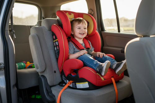 4-year-old child securely strapped into the KidsEmbrace Iron Man combination harness booster seat inside a family minivan, with bright orange LATCH anchor webbing visible running to the vehicle anchor point and headrest adjusted to shoulder level