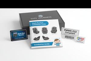 Close-up of the bundle's consolidated safety documentation package showing the multi-product installation guide, IIHS Best Bet Booster certification card, FMVSS 213 compliance label, and SafeKids Worldwide partnership seal on the welcome insert inside the branded gift box